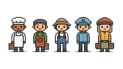 Pixel NPC Character Icon Set on White Background simple human silhouettes, villagers, guards, shopkeepers, flat pixel art