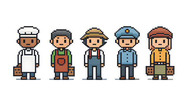 Pixel NPC Character Icon Set on White Background simple human silhouettes, villagers, guards, shopkeepers, flat pixel art