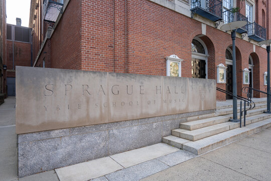 New Haven, CT, USA - July 1, 2022: Albert Arnold Sprague Memorial Hall, a Yale School of Music (YSM) building that sits near the center of Yale University's campus in New Haven, Connecticut.