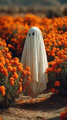 Ghost in a pumpkin patch on Halloween