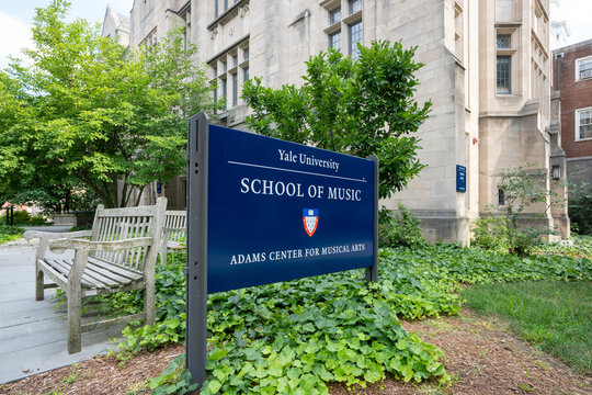 New Haven, CT, USA - July 1, 2022: The Adams Center for Musical Arts at Yale University, a complex of the Yale School of Music (YSM) that connects the renovated Hendrie Hall and Leigh Hall.