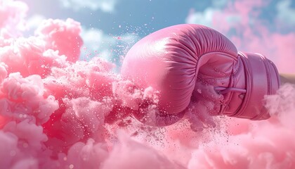Pink boxing glove forcefully punches through a cloud of pink colored dust or smoke, creating a dynamic and impactful visual against a sky backdrop, showcasing concepts of power and strength.