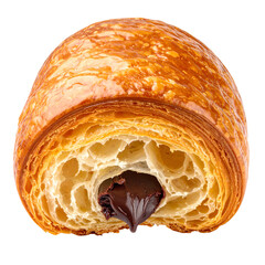 Close-up of a halved pastry with visible layers, filled with rich chocolate filling