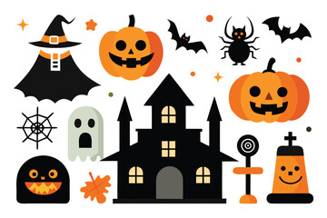 Halloween concept  cartoon vector illustration set | Whimsical Halloween illustration featuring a haunted castle smiling pumpkins a witch ghost bats and spider  