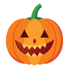 A cheerful carved Halloween pumpkin with a spooky jack o lantern face and green stem isolated on a white background