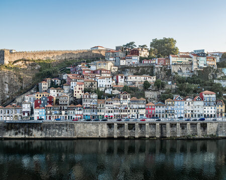 Porto city and douro river waterfront with historic buildings.
