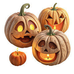 Four carved halloween pumpkins with glowing candle lights and one small pumpkin isolated on transparent background