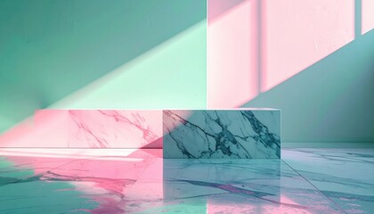 Vivid sunlight bathes a marble display with captivating gradients of pink and teal, creating a striking play of light and shadow on a textured wall and reflective floor, perfect for showcasing...