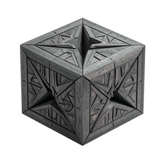 Ornate, dark-grey cube with complex geometric carvings, seemingly metallic, isolated on black