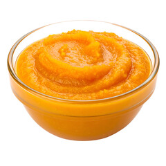 A clear glass bowl holds a vibrant orange puree, likely a vegetable-based food product