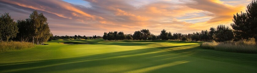 Serene Golf Course Sunset Lush Green Fairway Under Golden Sky, Golfing, Scenery