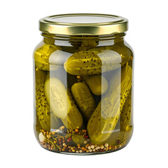 Clear glass jar filled with dill pickles submerged in brine, gold lid, isolated on black