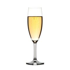A flute of sparkling, golden beverage with fine bubbles and a white foam head, black background