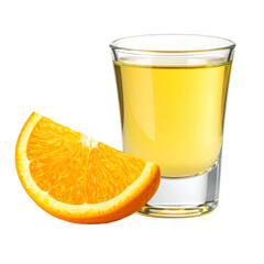 A shot of golden liquid beside an orange slice, presented on a transparent background