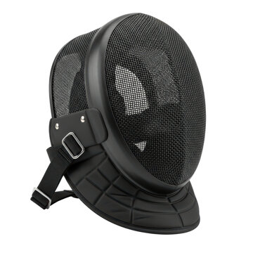 Black fencing mask with mesh face shield on transparent background