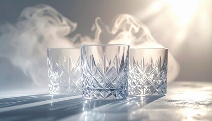 Elegant crystal glassware arranged with a background of soft, diffused lighting and wispy, ethereal smoke, creating a visually appealing and sophisticated composition that highlights the intricate...