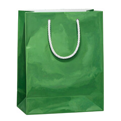 Glossy green gift bag with white rope handles, isolated on a black background