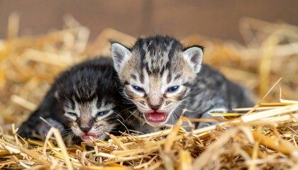 Two newborn kittens nestled in straw