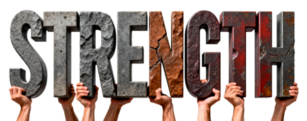 Hands lifting large 3D letters spelling the word “STRENGTH”, symbolizing unity, power, and resilience