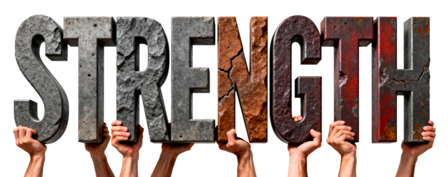 Hands lifting large 3D letters spelling the word “STRENGTH”, symbolizing unity, power, and resilience
