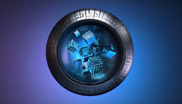 Mysterious circular object displays floating, glowing cubes against a backdrop of deep blue and purple hues, creating a futuristic and abstract composition with a technological feel, suggesting...