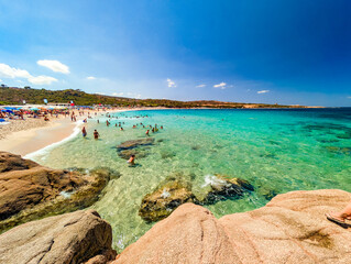La Marinedda beach from drone in summer, north Sardinia, Europe