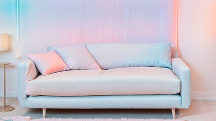 Modern Minimal Sofa in Blue and Pink Pastel Lighting
