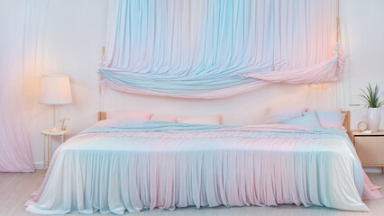 Pastel Pink and Blue Bedroom with Draped Fabric Decor