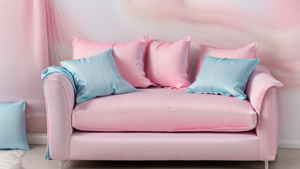 Soft Pink and Blue Sofa in Minimal Pastel Interior