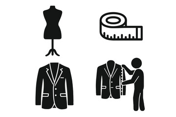 Tailor icon set for bespoke clothing and dressmaking. Vector glyphs of suit measurement, fashion dummy, and measuring tape. Custom made apparel and sewing service concept.