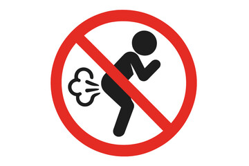 No Farting sign funny vector icon. Prohibition of flatulence symbol. Do not fart warning sticker. Bad smell and gas concept. Digestive health and public etiquette illustration.