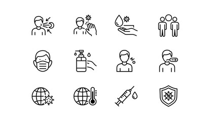 Virus transmission and prevention line icon set. Covid-19 safety. Includes face mask, hand sanitizer, vaccination, social distancing, fever, and hygiene vector symbols.