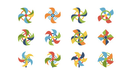 Colorful pinwheel vector icon set. Collection of flat design whirligig toys. Spinning wind wheel illustration for childhood, summer, and play concepts. Abstract logo element.