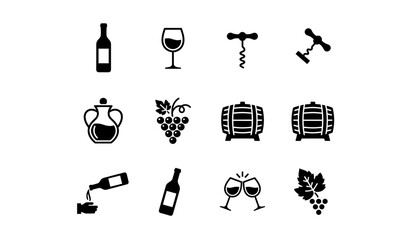 Wine icon set vector collection. Bottle, glass, grape, barrel, corkscrew. Winemaking, tasting and celebration symbols. Sommelier and winery elements for logo design.