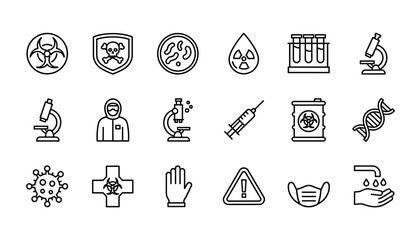 Naklejka premium Biohazard line icon set. Biological hazard, virus, pandemic symbols. Vector collection for science, lab research. Includes microscope, DNA, syringe, hazmat suit, toxic waste.