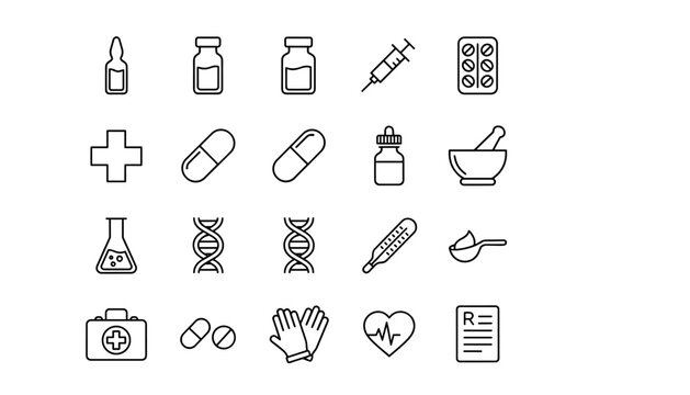 Medical and healthcare line icon set. Vector collection of pharmacy and hospital symbols. Medicine, science, and research concepts. Syringe, pill, DNA, and first aid kit.