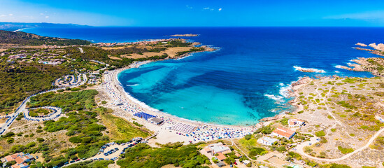 Fototapeta premium La Marinedda beach from drone in summer, north Sardinia, Europe