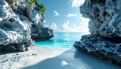 Coastal paradise showcasing textured rock formations framing a tranquil turquoise ocean meeting a pristine white sandy beach, under a clear sky dotted with fluffy white clouds.