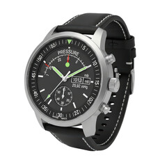 Analog aviator watch with altimeter and black leather strap on transparent background