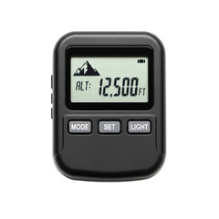 Digital altimeter with mountain display and control buttons on transparent background