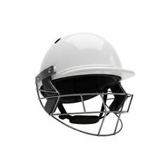 White cricket helmet with metal grill on transparent background