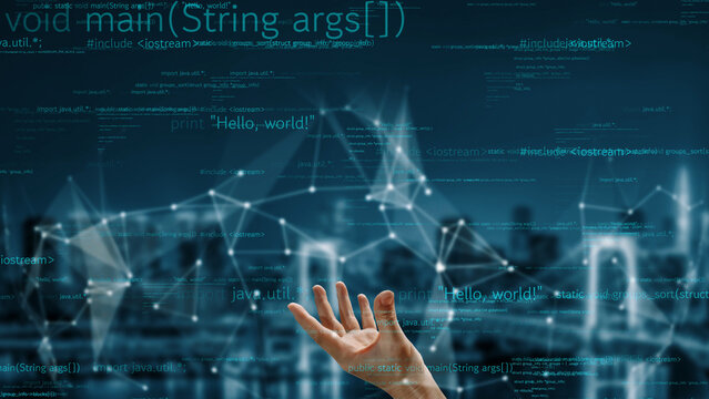 A striking image of a human hand reaching out towards a holographic display of digital data and code, set against a contemporary city backdrop, symbolizes technological advancement. Xenic - Powered by Adobe