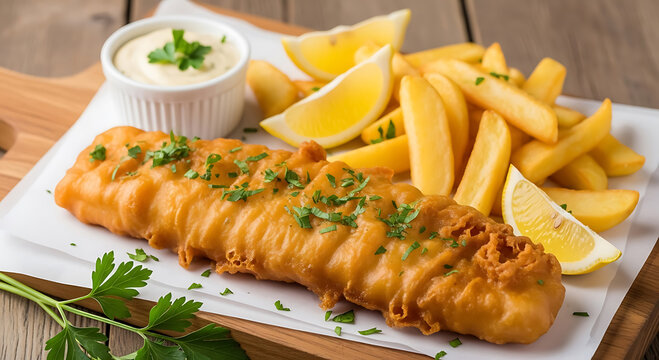 Golden Battered Fish Fillet Crispy Fries Lemon Wedges Tartar Sauce Parsley fish and chips fried fish