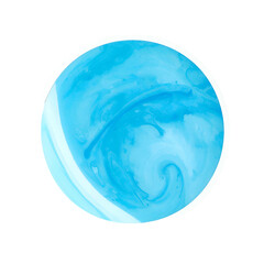 A swirling, abstract design of blue hues within a white-outlined circle against a black background