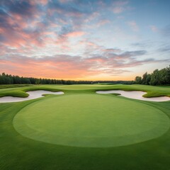 Scenic Golf Green at Sunset with Bunker, Greens , Sunset