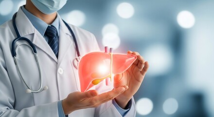 Professional doctor carefully presents glowing liver model, symbolizing health awareness and medical innovation in healthcare settings.