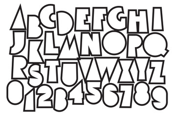 A set of letters with a simple, geometric shape. Black and white font with a sporty, dynamic, modern theme. Latin alphabet letters and numbers. No AI used