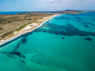 Aerial drone view of Pazzona Beach and Salt Lagoon, North Sardinia