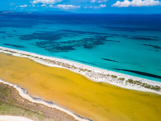 Aerial drone view of Pazzona Beach and Salt Lagoon, North Sardinia