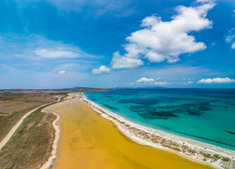 Aerial drone view of Pazzona Beach and Salt Lagoon, North Sardinia